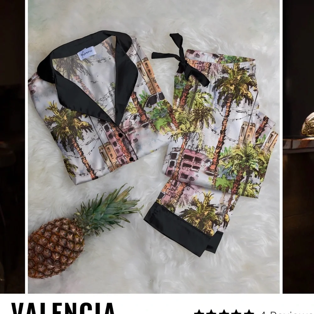 Averie Valencia Palm Print Pajama Set Saks XXL Satin - Picture 3 of 9